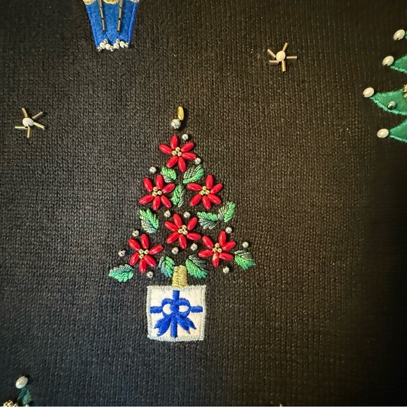 Vtg Christmas Sweater women's 2X Turtle Neck Embroidered Festive Trees Stars - Picture 6 of 11